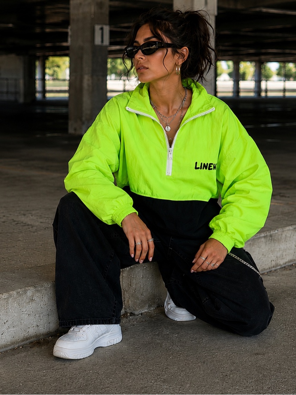 Vintage Neon Green Windbreaker Pullover 90s Streetwear Size L